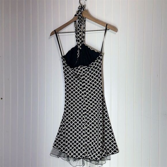 Y2K IZ Byer Halter Dress S Black White Circle Print Mesh Hem Made USA Cocktail - Picture 3 of 8